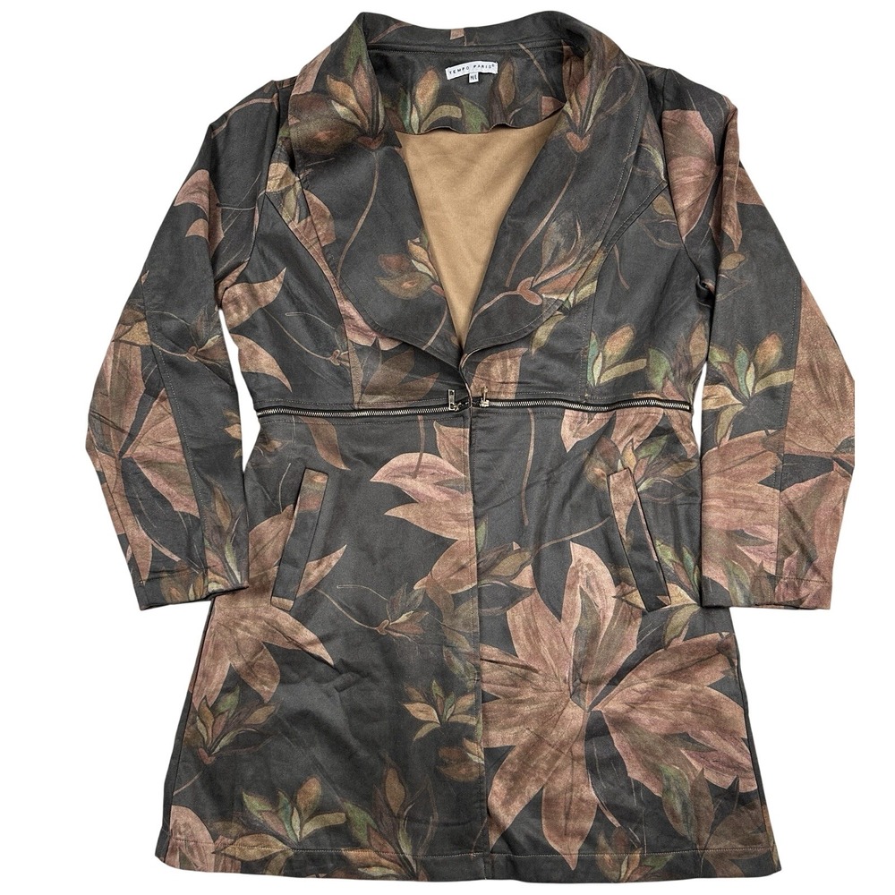 Tempo Paris XL Floral Print Faux‎ Suede Duster Jacket Coat Zip Front
